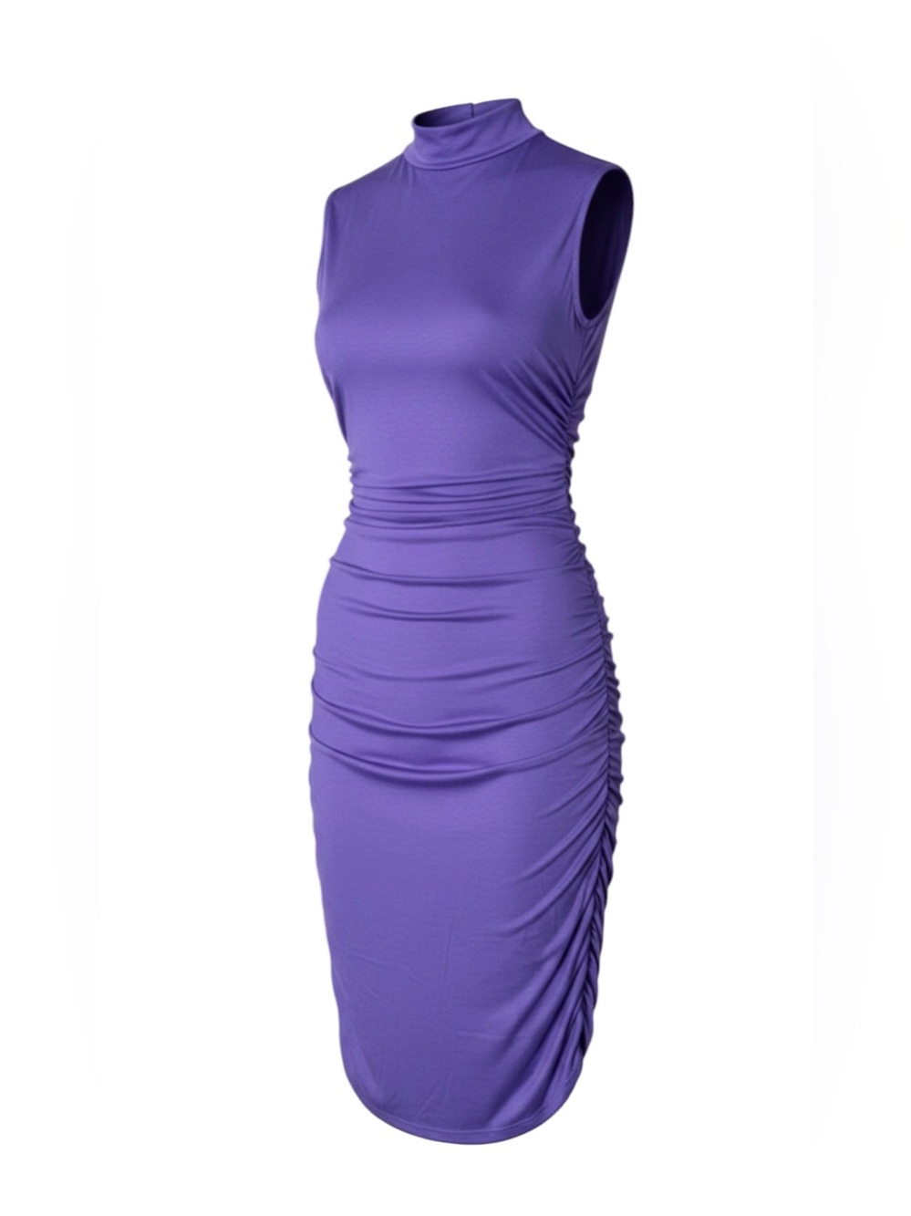 Sleeveless Mock Neck Ruched Sides Bodycon Midi Stretch Dress Purple Women’s Sz S